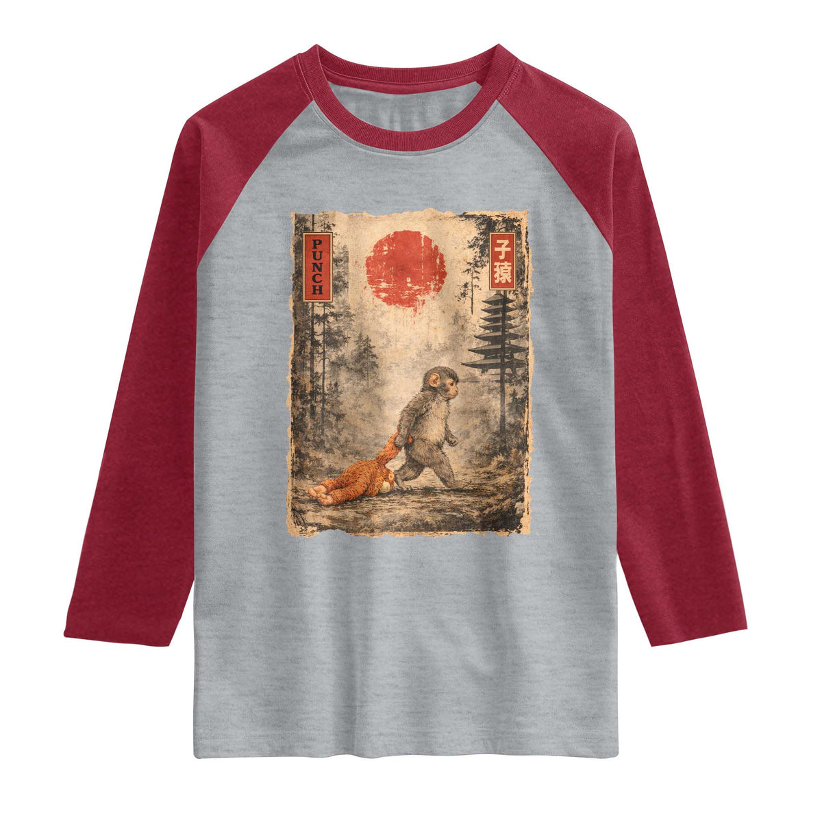 Vintage Japanese Baby Monkey Punch Raglan Shirt Kawaii Macaque Ukiyo-e Art Funny