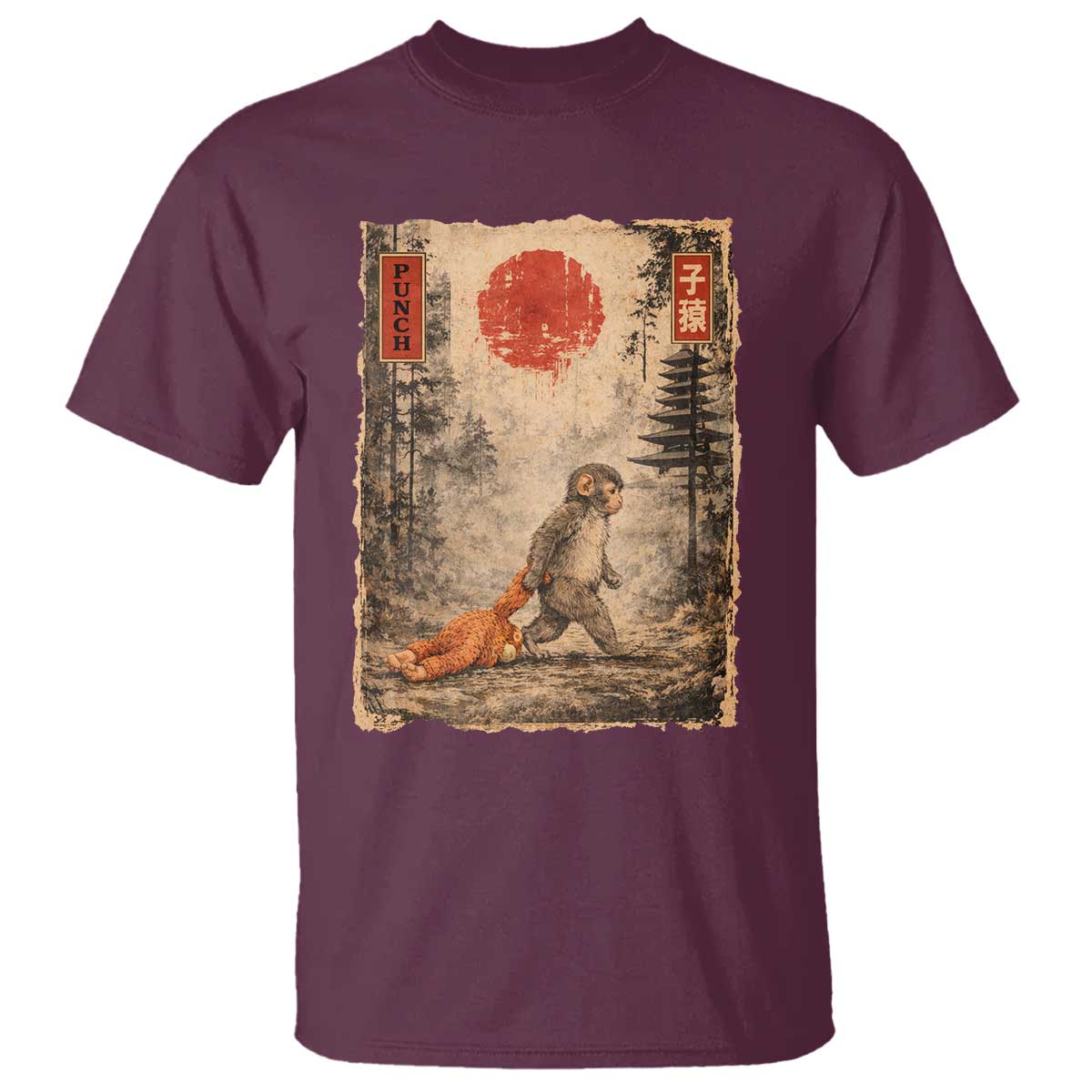 Vintage Japanese Baby Monkey Punch T Shirt Kawaii Macaque Ukiyo-e Art Funny