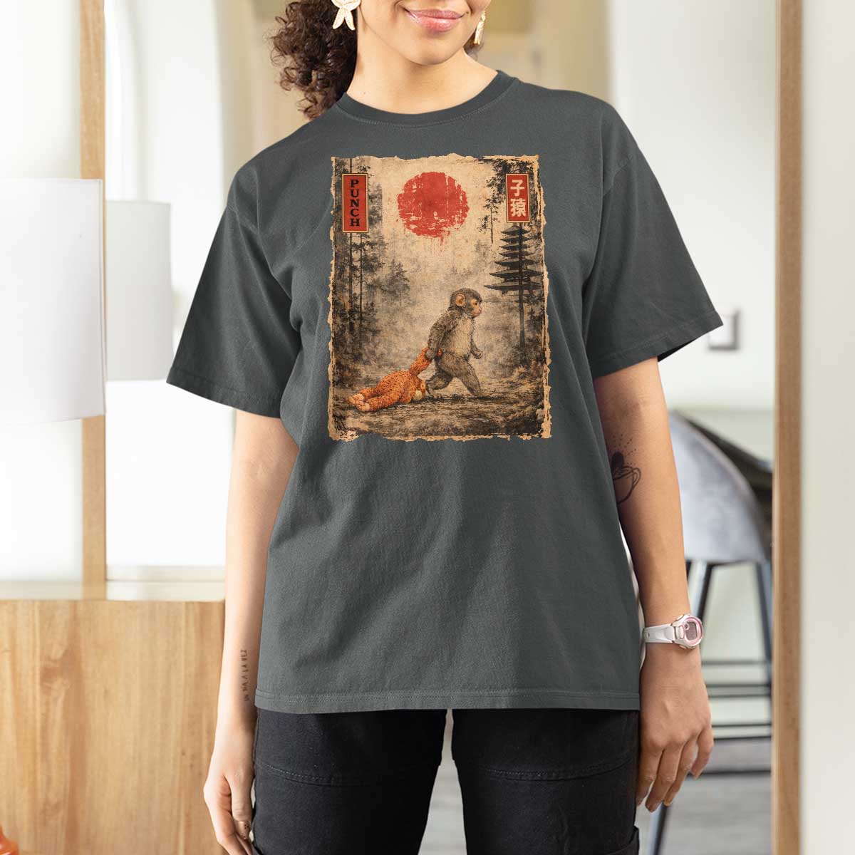 Vintage Japanese Baby Monkey Punch T Shirt For Women Kawaii Macaque Ukiyo-e Art Funny