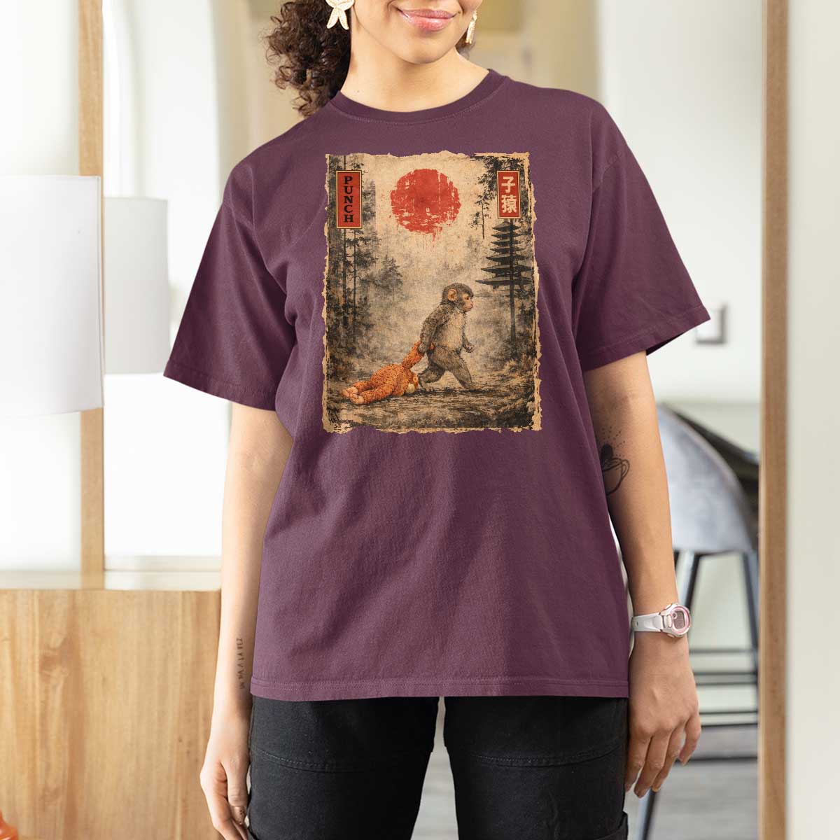 Vintage Japanese Baby Monkey Punch T Shirt For Women Kawaii Macaque Ukiyo-e Art Funny