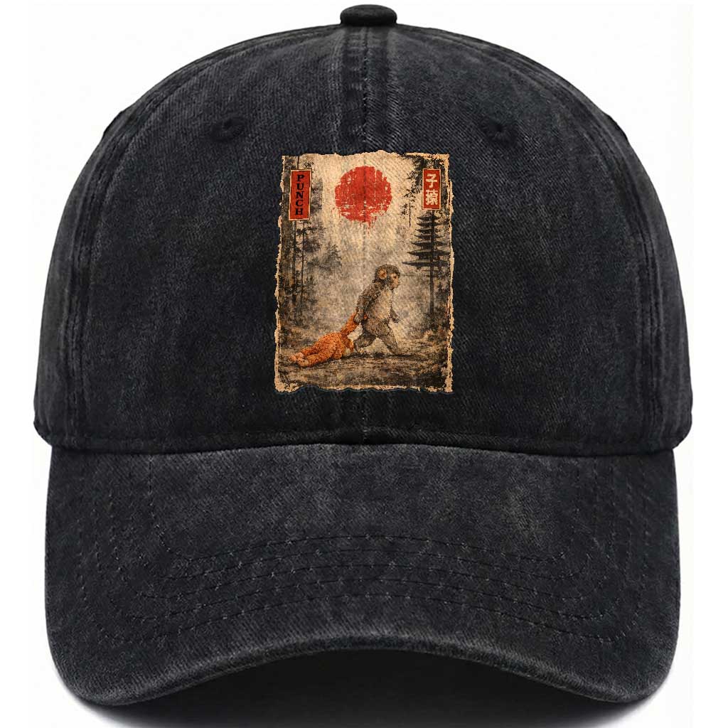 Vintage Japanese Baby Monkey Punch Washed Cotton Baseball Cap Kawaii Macaque Ukiyo-e Art Funny