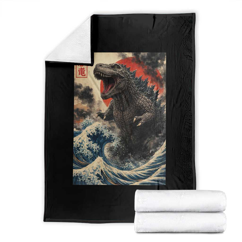 Japanese Dinosaur Throw Blanket Vintage Great Wave Monster Epic Giant Monster Ukiyo-e Style