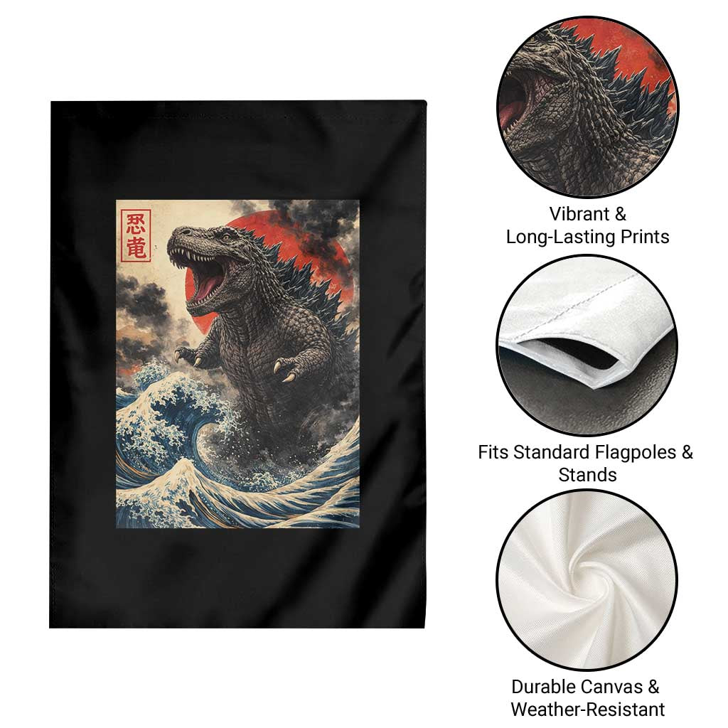 Japanese Dinosaur Garden Flag Vintage Great Wave Monster Epic Giant Monster Ukiyo-e Style
