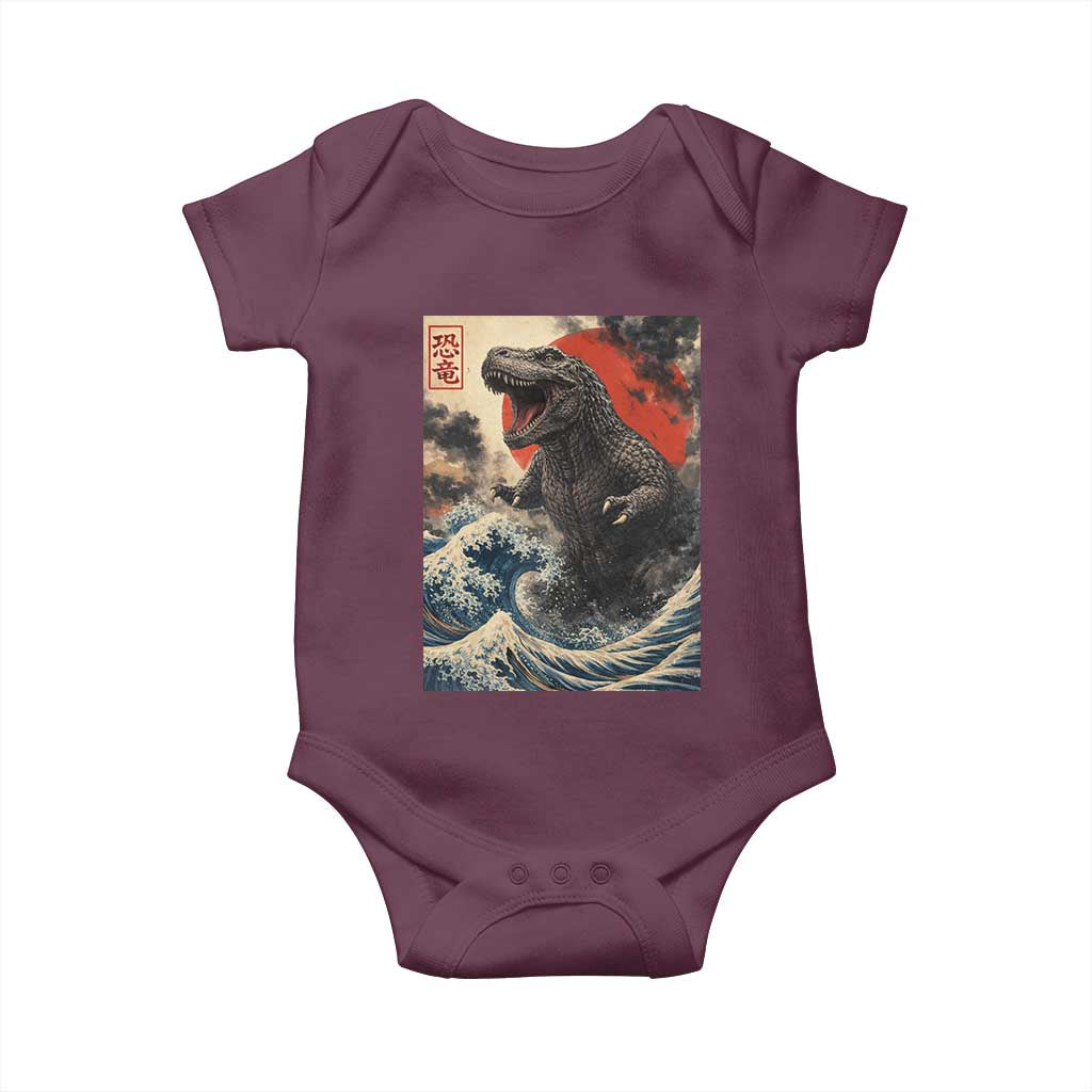 Japanese Dinosaur Baby Onesie Vintage Great Wave Monster Epic Giant Monster Ukiyo-e Style