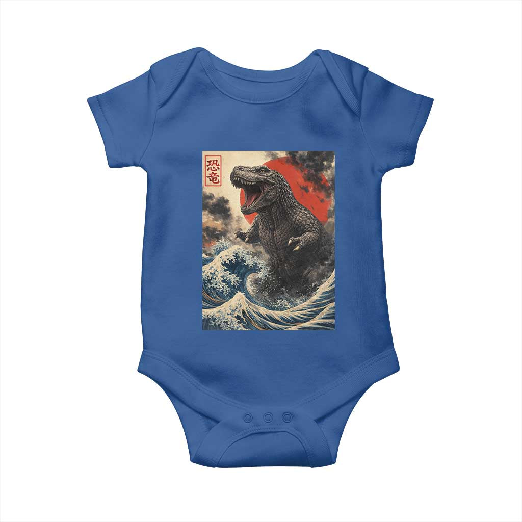 Japanese Dinosaur Baby Onesie Vintage Great Wave Monster Epic Giant Monster Ukiyo-e Style