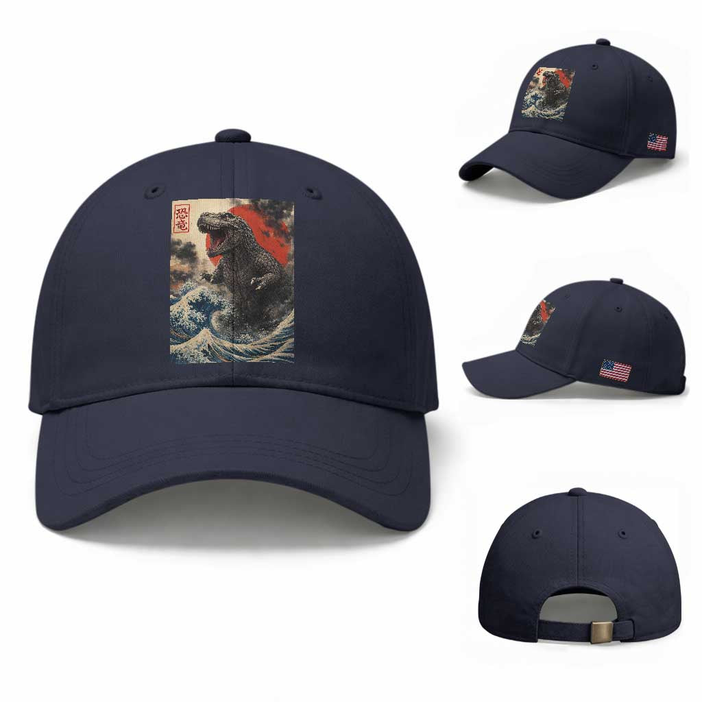 Japanese Dinosaur Baseball Cap Vintage Great Wave Monster Epic Giant Monster Ukiyo-e Style