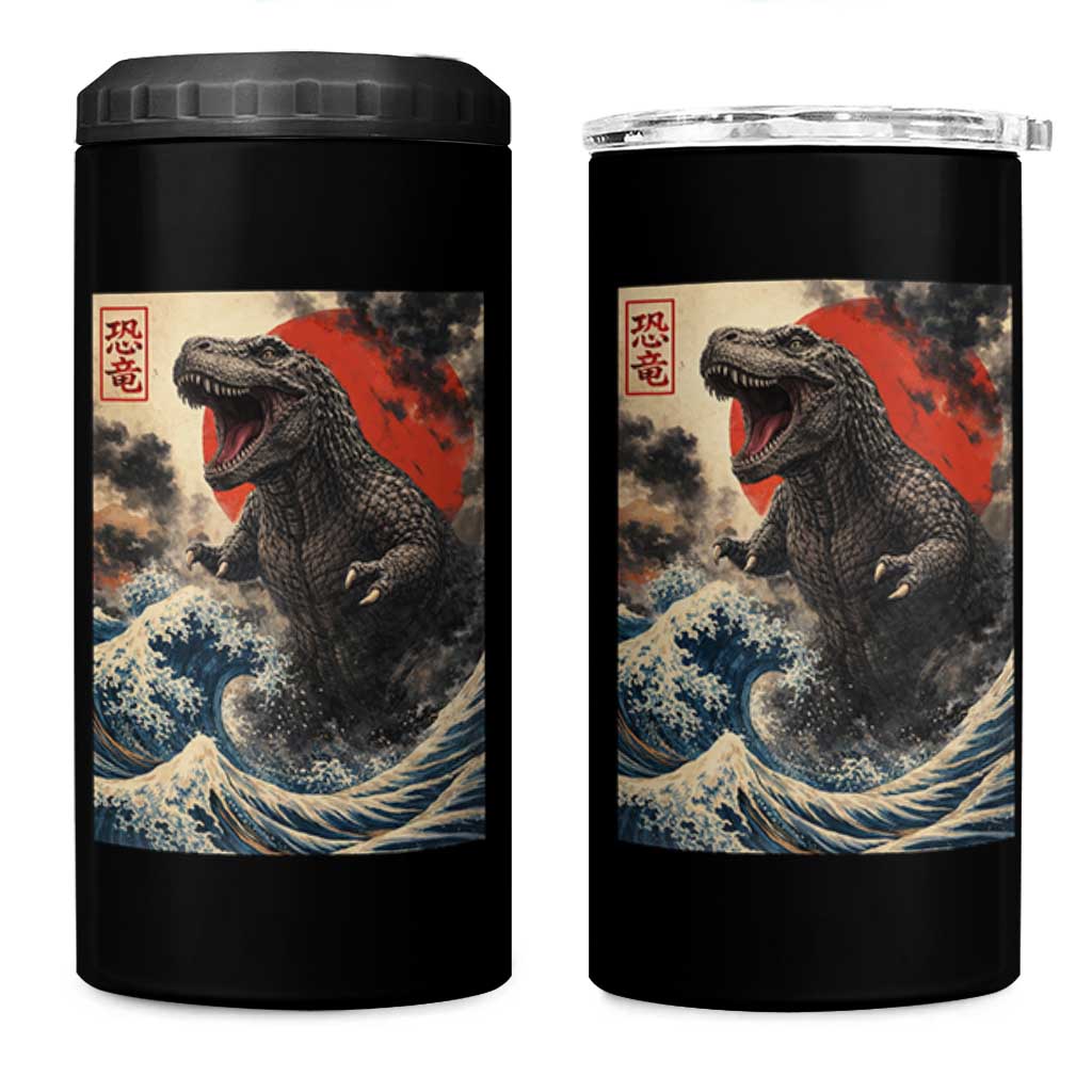 Japanese Dinosaur 4 in 1 Can Cooler Tumbler Vintage Great Wave Monster Epic Giant Monster Ukiyo-e Style