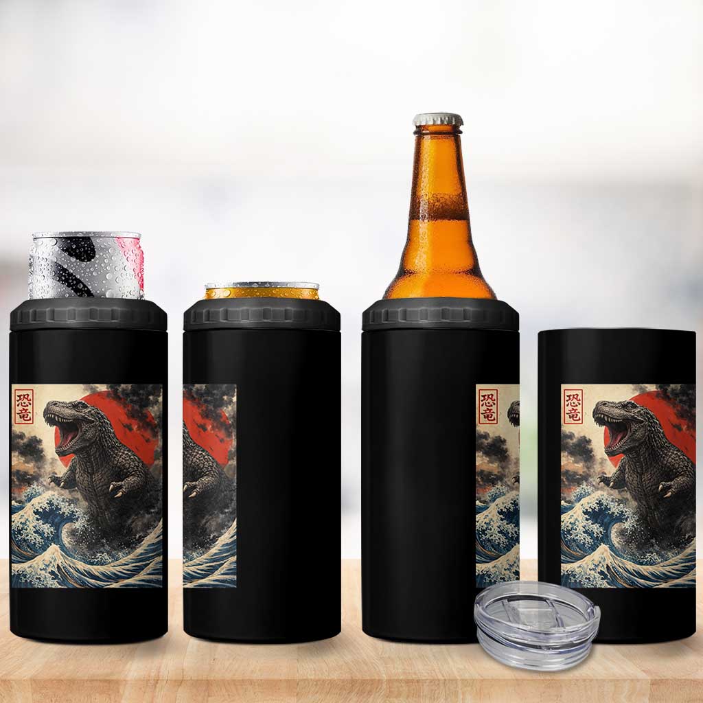 Japanese Dinosaur 4 in 1 Can Cooler Tumbler Vintage Great Wave Monster Epic Giant Monster Ukiyo-e Style