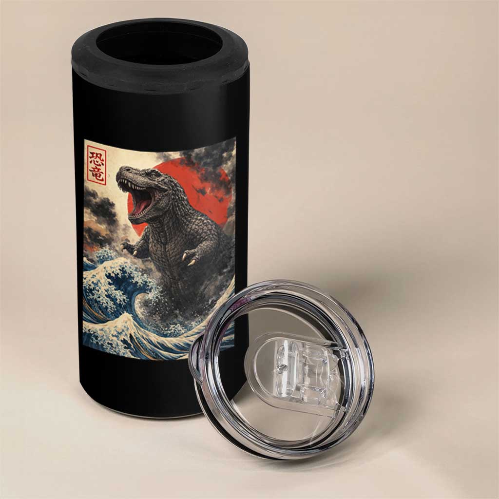 Japanese Dinosaur 4 in 1 Can Cooler Tumbler Vintage Great Wave Monster Epic Giant Monster Ukiyo-e Style