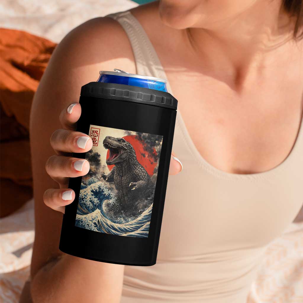 Japanese Dinosaur 4 in 1 Can Cooler Tumbler Vintage Great Wave Monster Epic Giant Monster Ukiyo-e Style