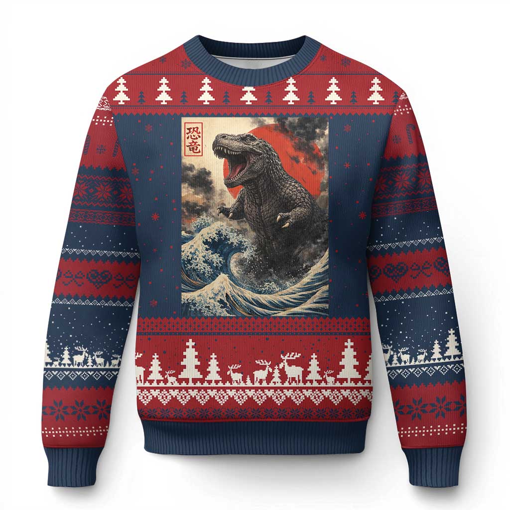 Japanese Dinosaur Ugly Christmas Sweater Vintage Great Wave Monster Epic Giant Monster Ukiyo-e Style