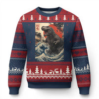 Japanese Dinosaur Ugly Christmas Sweater Vintage Great Wave Monster Epic Giant Monster Ukiyo-e Style