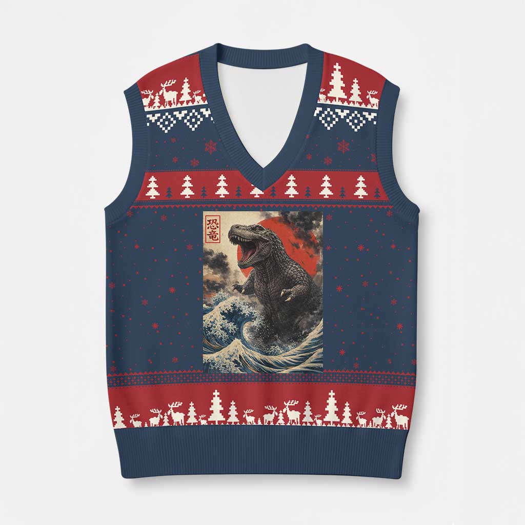 Japanese Dinosaur V-Neck Knit Sweater Vest Vintage Great Wave Monster Epic Giant Monster Ukiyo-e Style