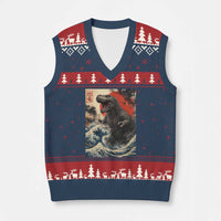 Japanese Dinosaur V-Neck Knit Sweater Vest Vintage Great Wave Monster Epic Giant Monster Ukiyo-e Style