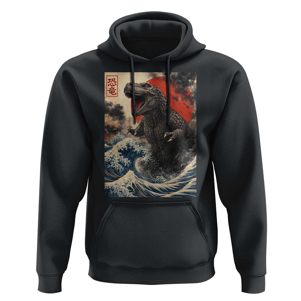Japanese Dinosaur Hoodie Vintage Great Wave Monster Epic Giant Monster Ukiyo-e Style