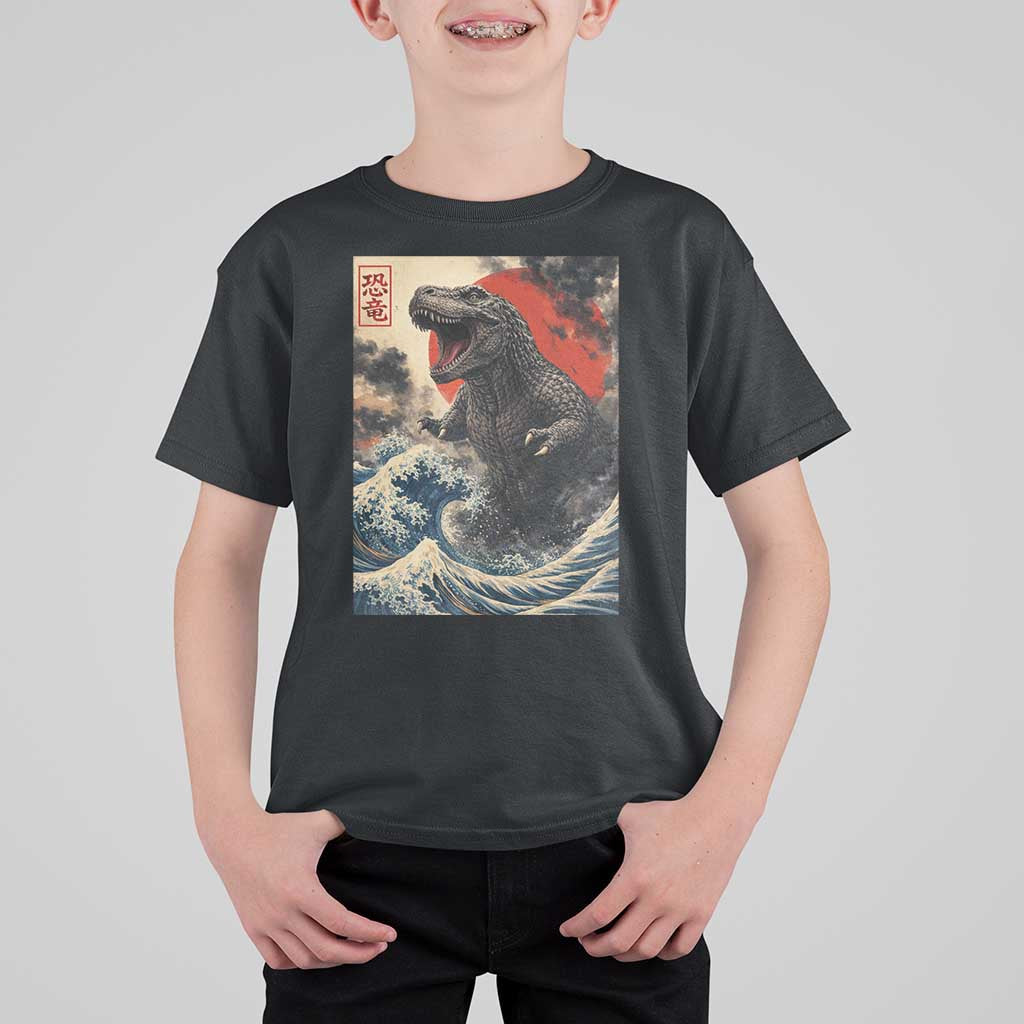 Japanese Dinosaur T Shirt For Kid Vintage Great Wave Monster Epic Giant Monster Ukiyo-e Style