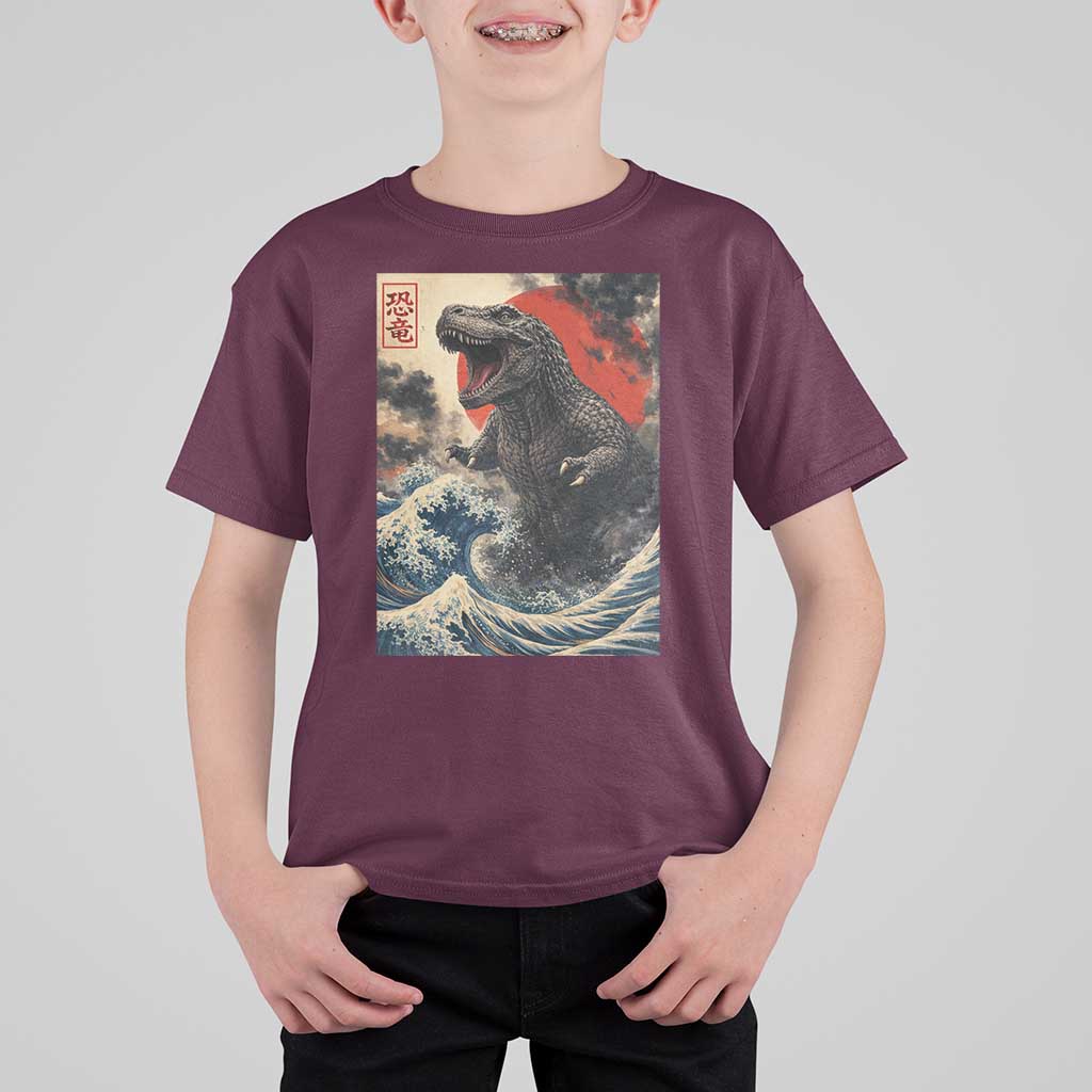 Japanese Dinosaur T Shirt For Kid Vintage Great Wave Monster Epic Giant Monster Ukiyo-e Style