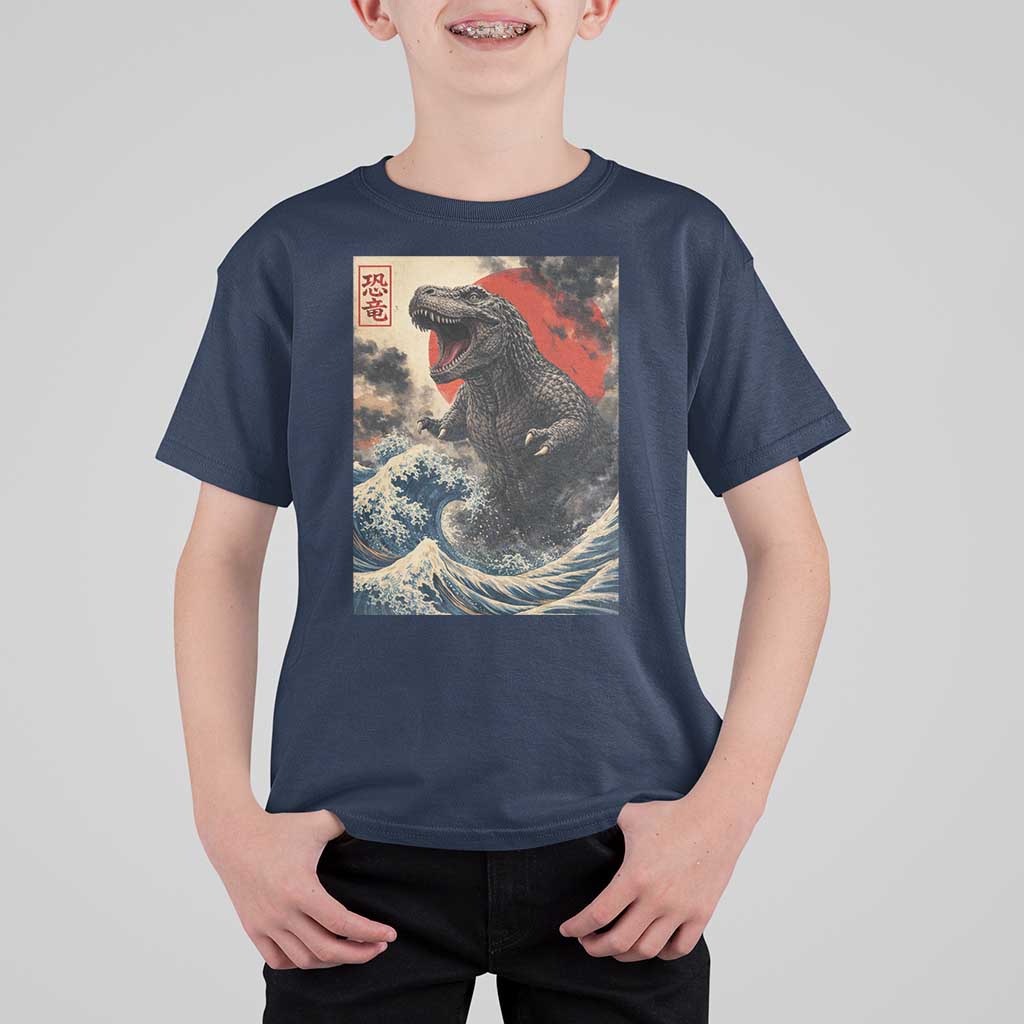 Japanese Dinosaur T Shirt For Kid Vintage Great Wave Monster Epic Giant Monster Ukiyo-e Style