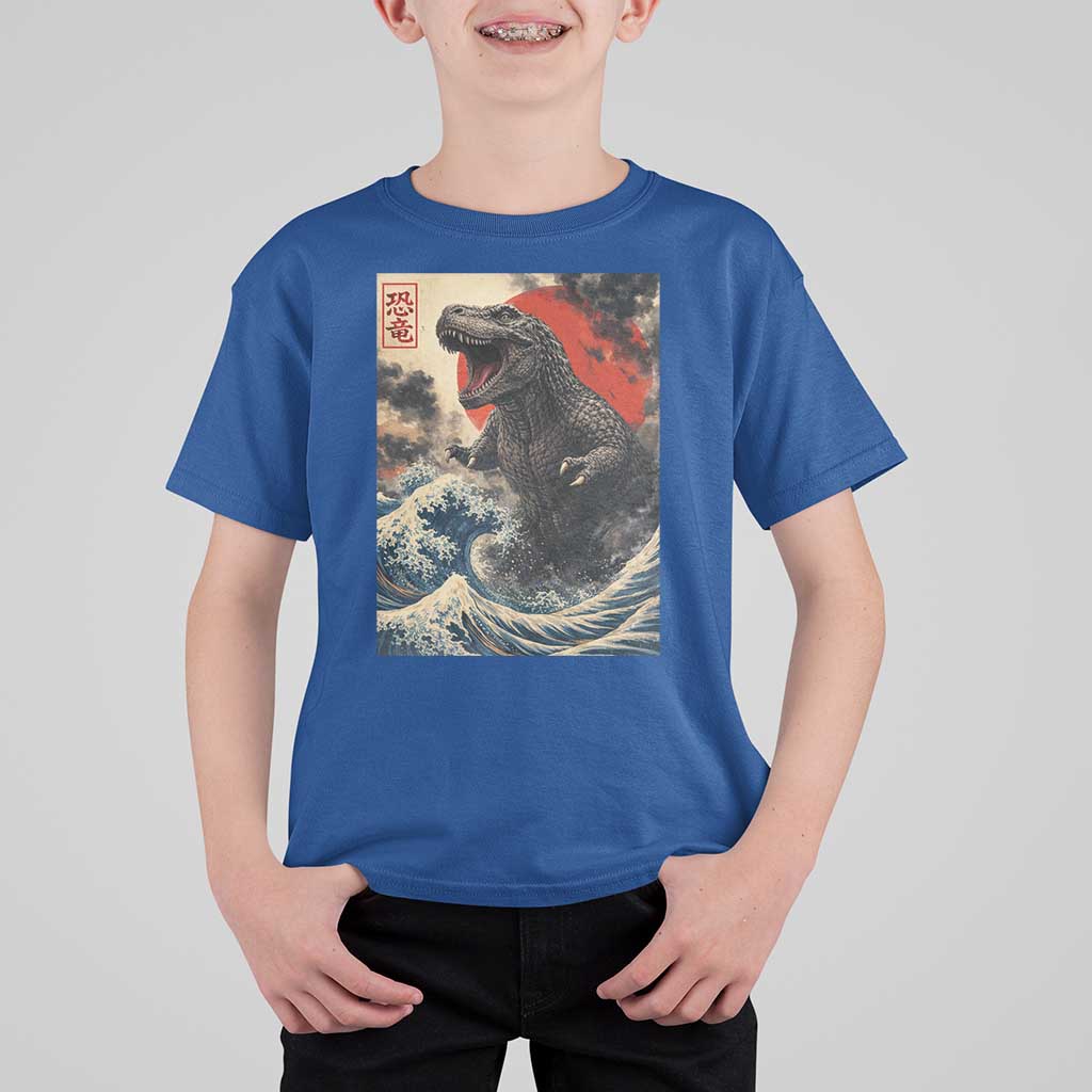 Japanese Dinosaur T Shirt For Kid Vintage Great Wave Monster Epic Giant Monster Ukiyo-e Style