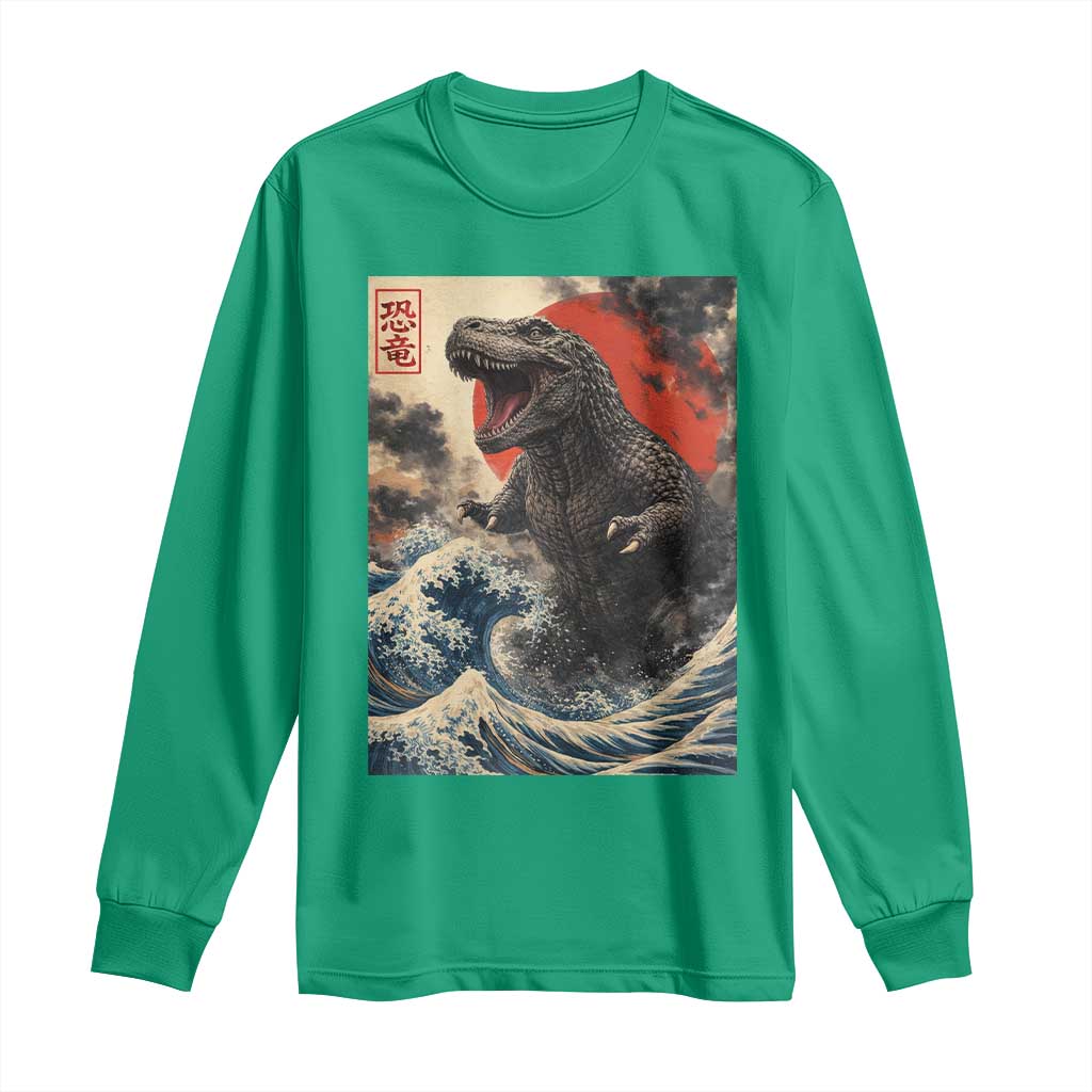 Japanese Dinosaur Long Sleeve Shirt Vintage Great Wave Monster Epic Giant Monster Ukiyo-e Style