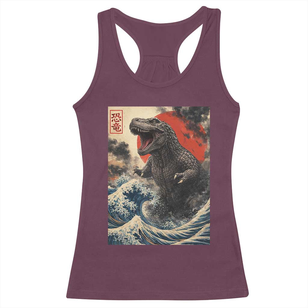 Japanese Dinosaur Racerback Tank Top Vintage Great Wave Monster Epic Giant Monster Ukiyo-e Style