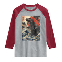 Japanese Dinosaur Raglan Shirt Vintage Great Wave Monster Epic Giant Monster Ukiyo-e Style