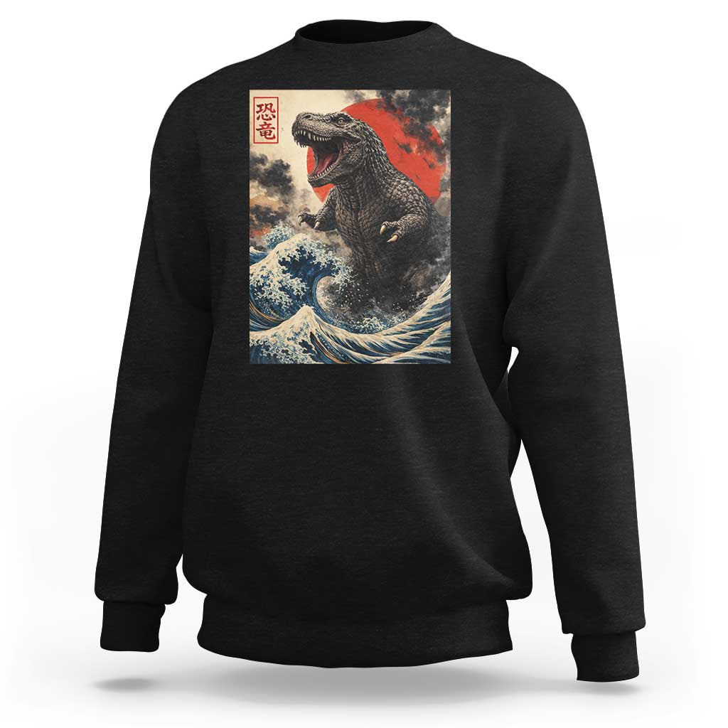 Japanese Dinosaur Sweatshirt Vintage Great Wave Monster Epic Giant Monster Ukiyo-e Style