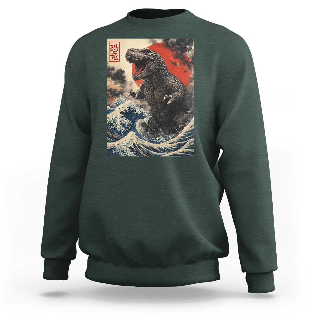 Japanese Dinosaur Sweatshirt Vintage Great Wave Monster Epic Giant Monster Ukiyo-e Style