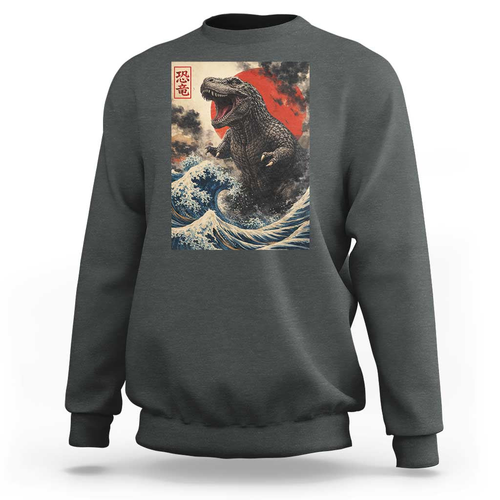 Japanese Dinosaur Sweatshirt Vintage Great Wave Monster Epic Giant Monster Ukiyo-e Style