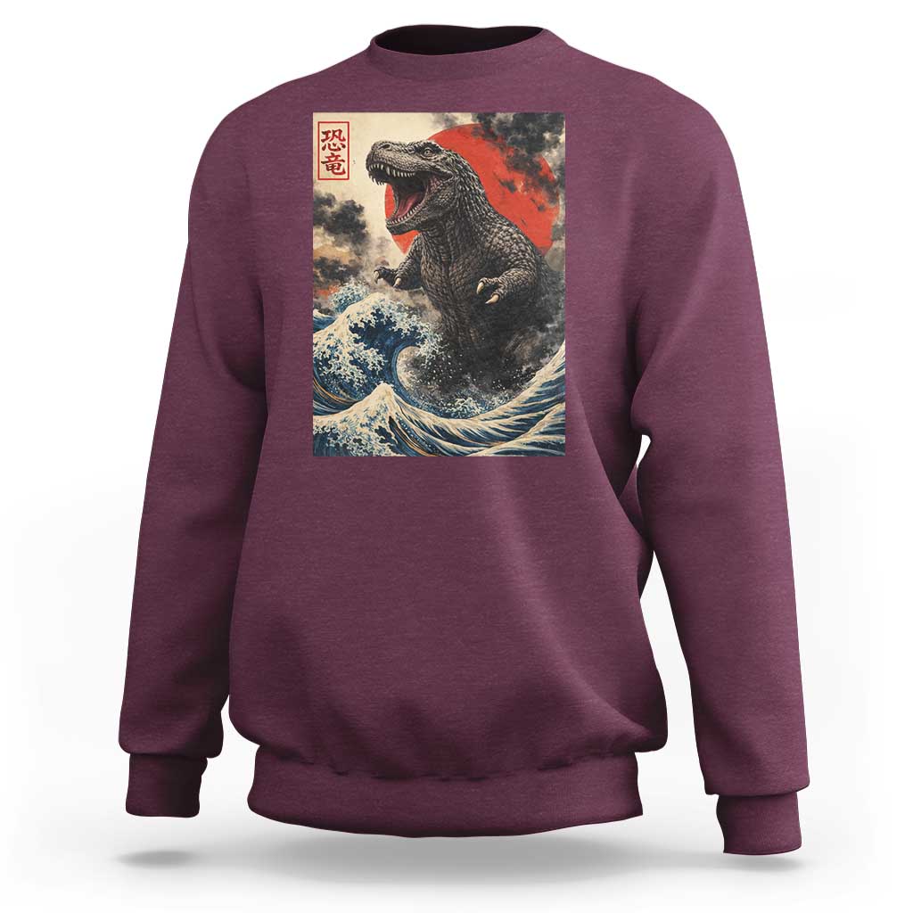 Japanese Dinosaur Sweatshirt Vintage Great Wave Monster Epic Giant Monster Ukiyo-e Style
