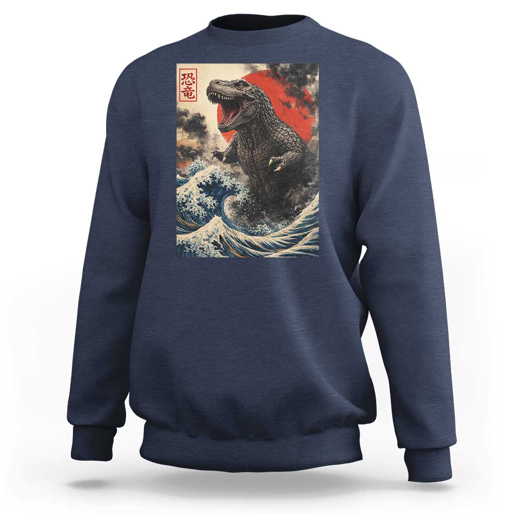 Japanese Dinosaur Sweatshirt Vintage Great Wave Monster Epic Giant Monster Ukiyo-e Style