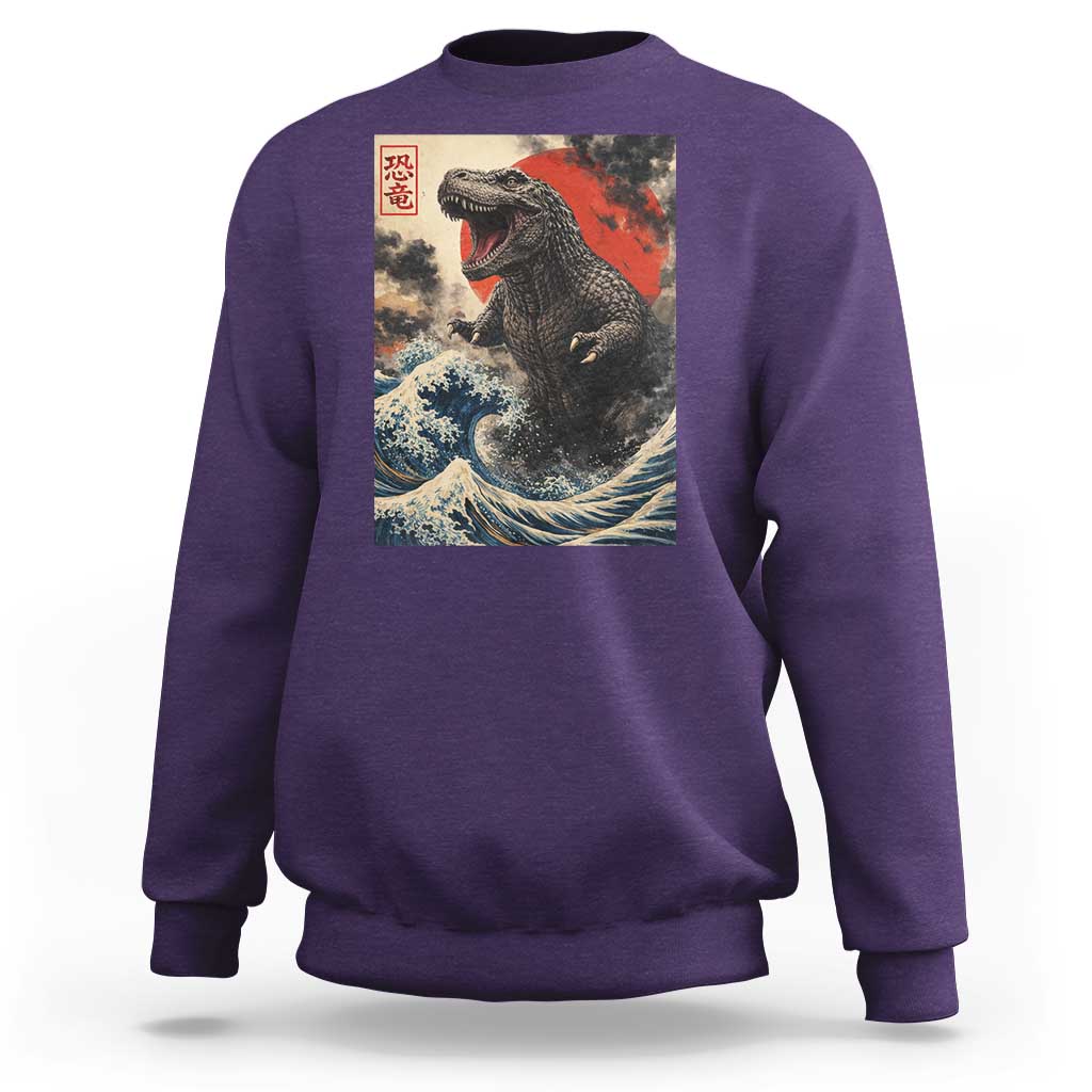 Japanese Dinosaur Sweatshirt Vintage Great Wave Monster Epic Giant Monster Ukiyo-e Style