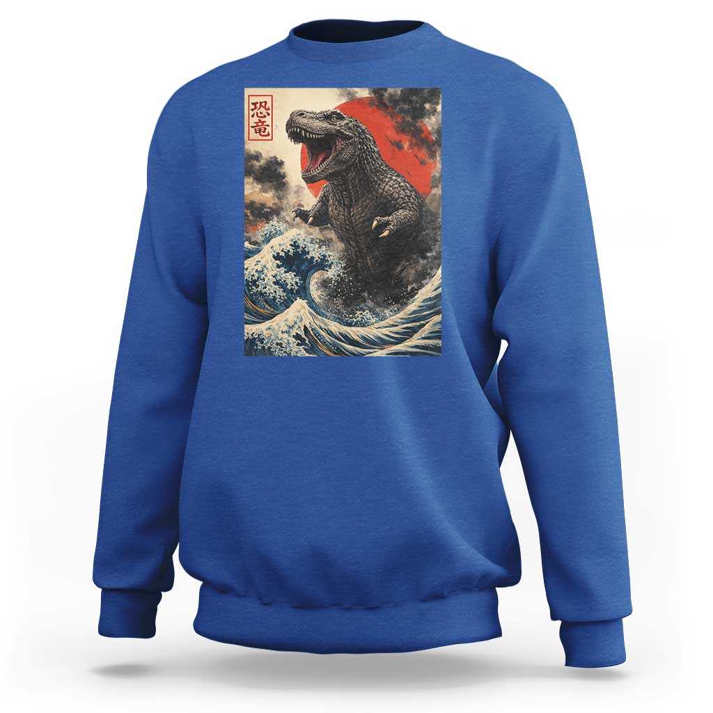 Japanese Dinosaur Sweatshirt Vintage Great Wave Monster Epic Giant Monster Ukiyo-e Style