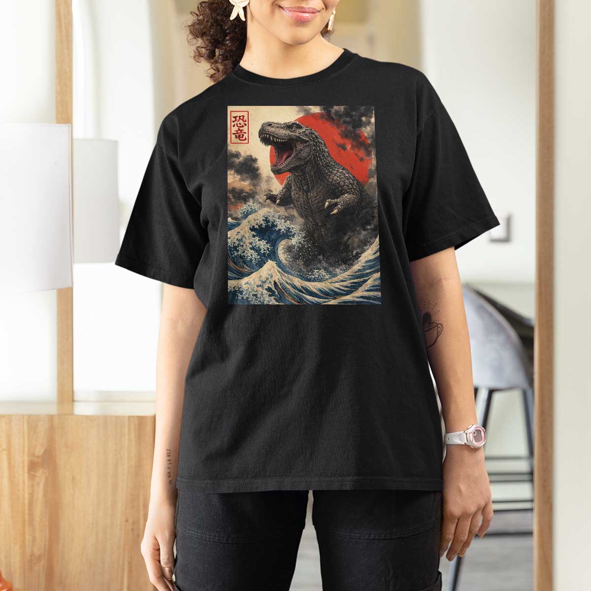 Japanese Dinosaur T Shirt For Women Vintage Great Wave Monster Epic Giant Monster Ukiyo-e Style