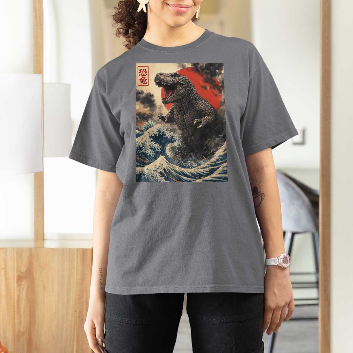 Japanese Dinosaur T Shirt For Women Vintage Great Wave Monster Epic Giant Monster Ukiyo-e Style