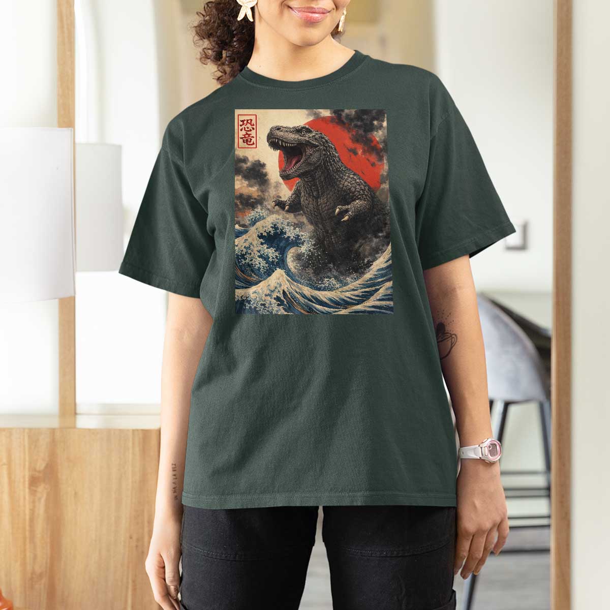 Japanese Dinosaur T Shirt For Women Vintage Great Wave Monster Epic Giant Monster Ukiyo-e Style