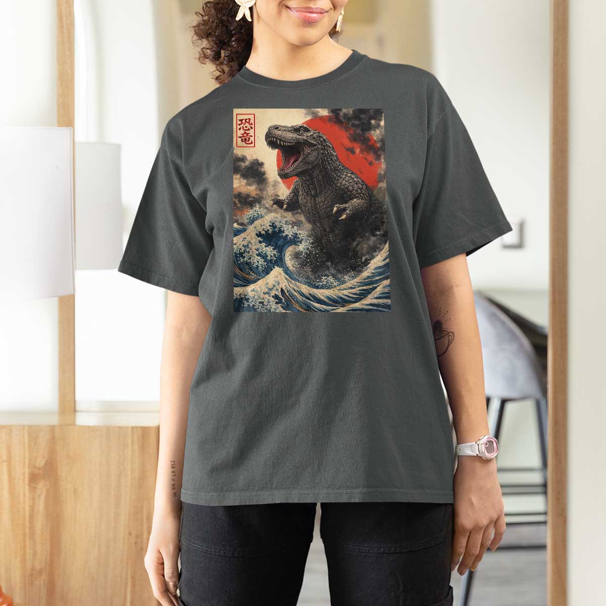 Japanese Dinosaur T Shirt For Women Vintage Great Wave Monster Epic Giant Monster Ukiyo-e Style