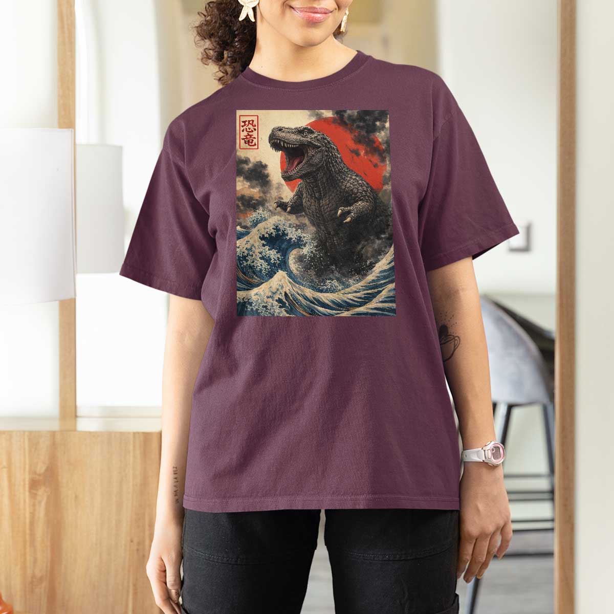 Japanese Dinosaur T Shirt For Women Vintage Great Wave Monster Epic Giant Monster Ukiyo-e Style