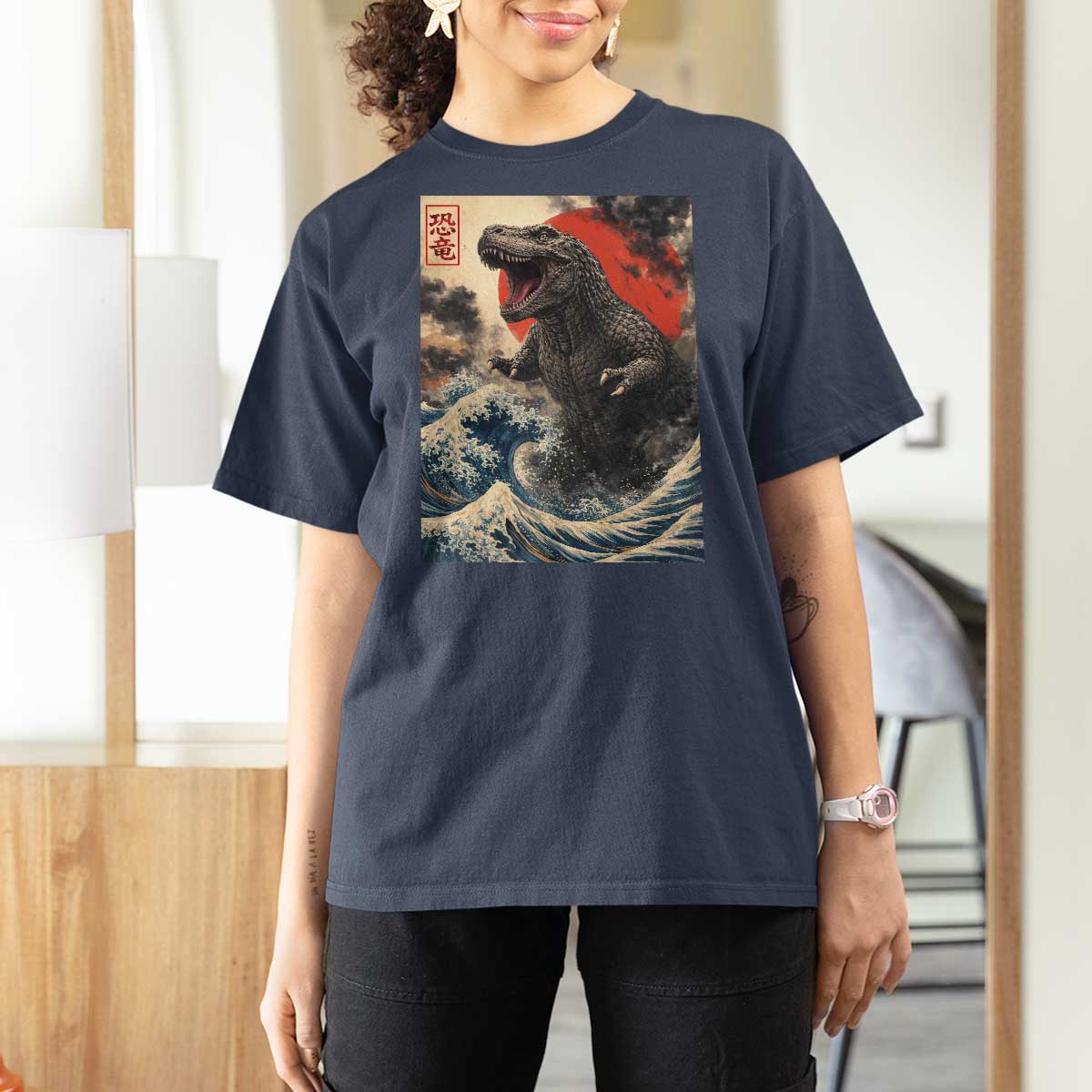 Japanese Dinosaur T Shirt For Women Vintage Great Wave Monster Epic Giant Monster Ukiyo-e Style