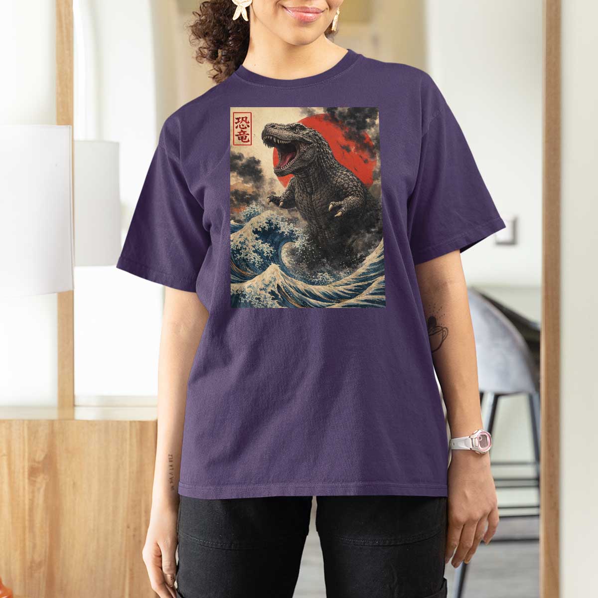 Japanese Dinosaur T Shirt For Women Vintage Great Wave Monster Epic Giant Monster Ukiyo-e Style