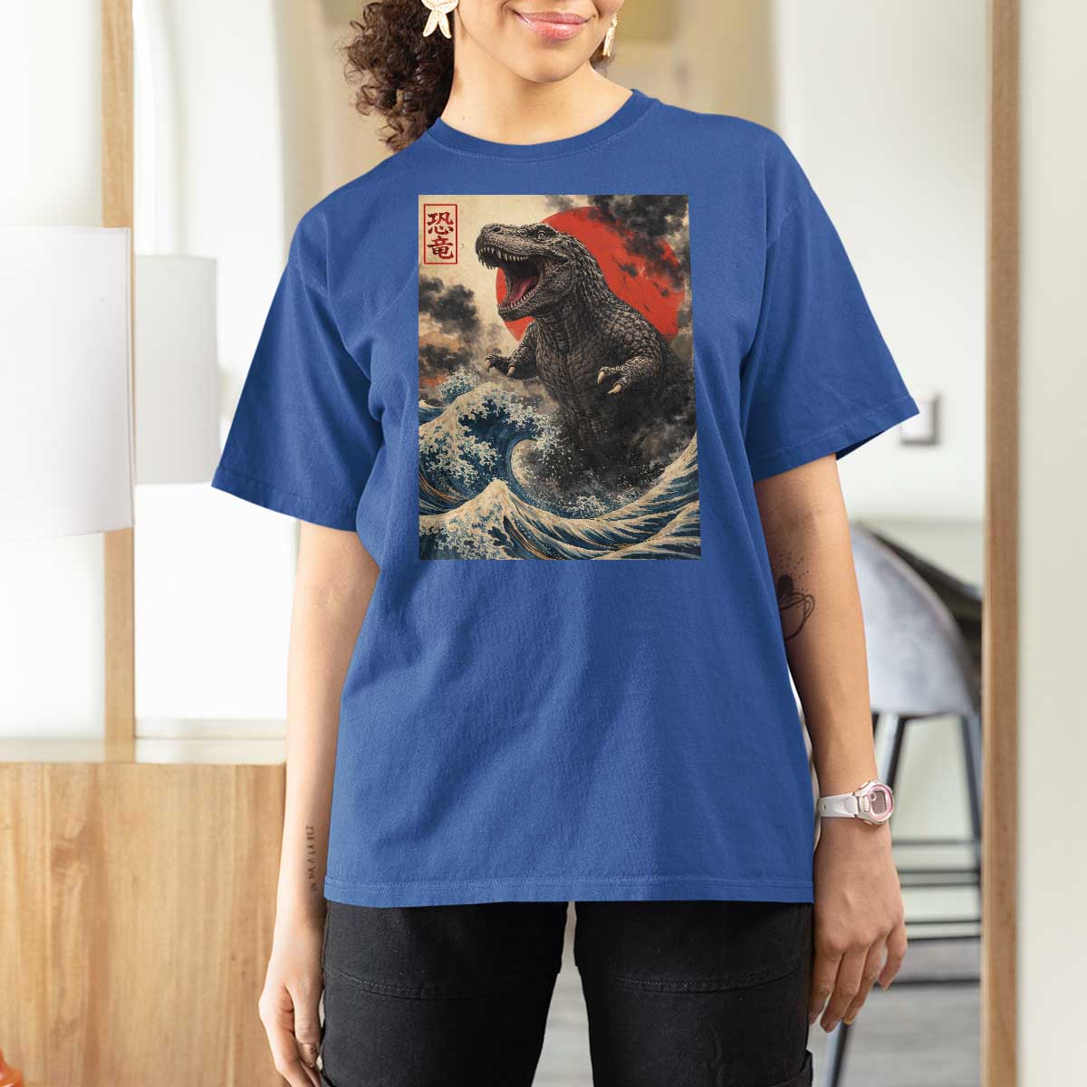 Japanese Dinosaur T Shirt For Women Vintage Great Wave Monster Epic Giant Monster Ukiyo-e Style
