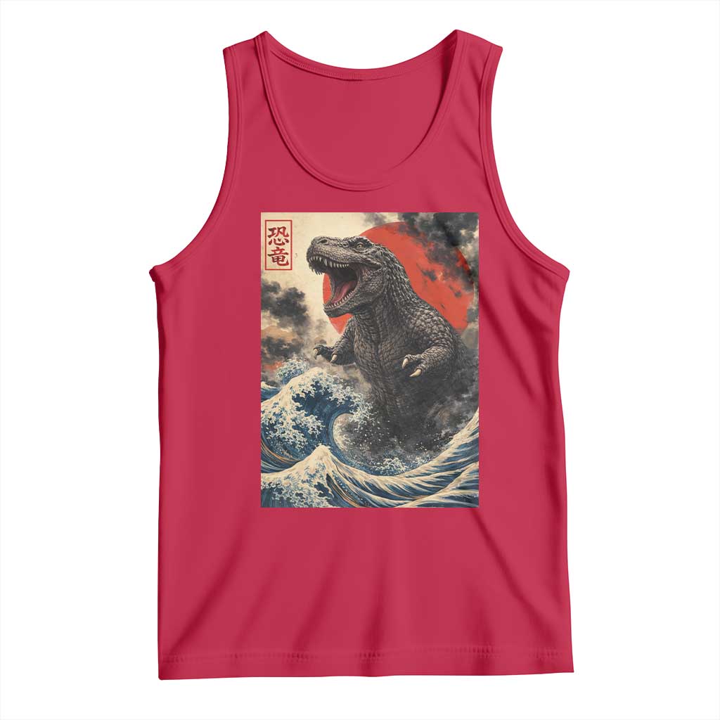 Japanese Dinosaur Tank Top Vintage Great Wave Monster Epic Giant Monster Ukiyo-e Style