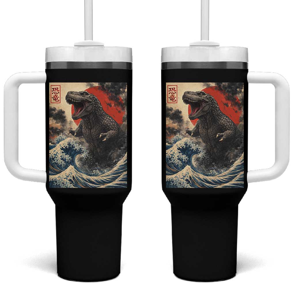Japanese Dinosaur Tumbler With Handle Vintage Great Wave Monster Epic Giant Monster Ukiyo-e Style