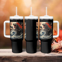 Japanese Dinosaur Tumbler With Handle Vintage Great Wave Monster Epic Giant Monster Ukiyo-e Style