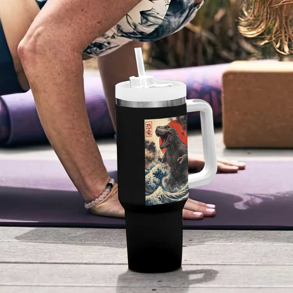 Japanese Dinosaur Tumbler With Handle Vintage Great Wave Monster Epic Giant Monster Ukiyo-e Style