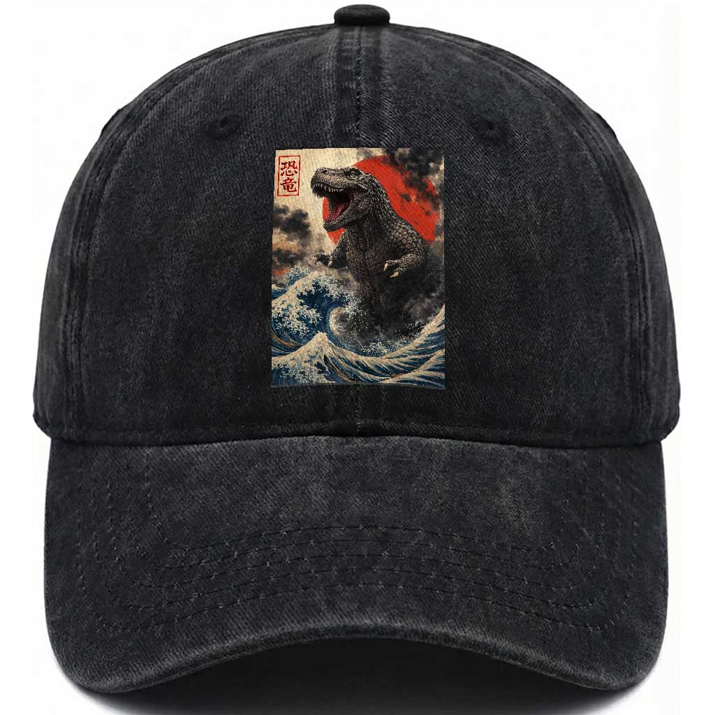 Japanese Dinosaur Washed Cotton Baseball Cap Vintage Great Wave Monster Epic Giant Monster Ukiyo-e Style