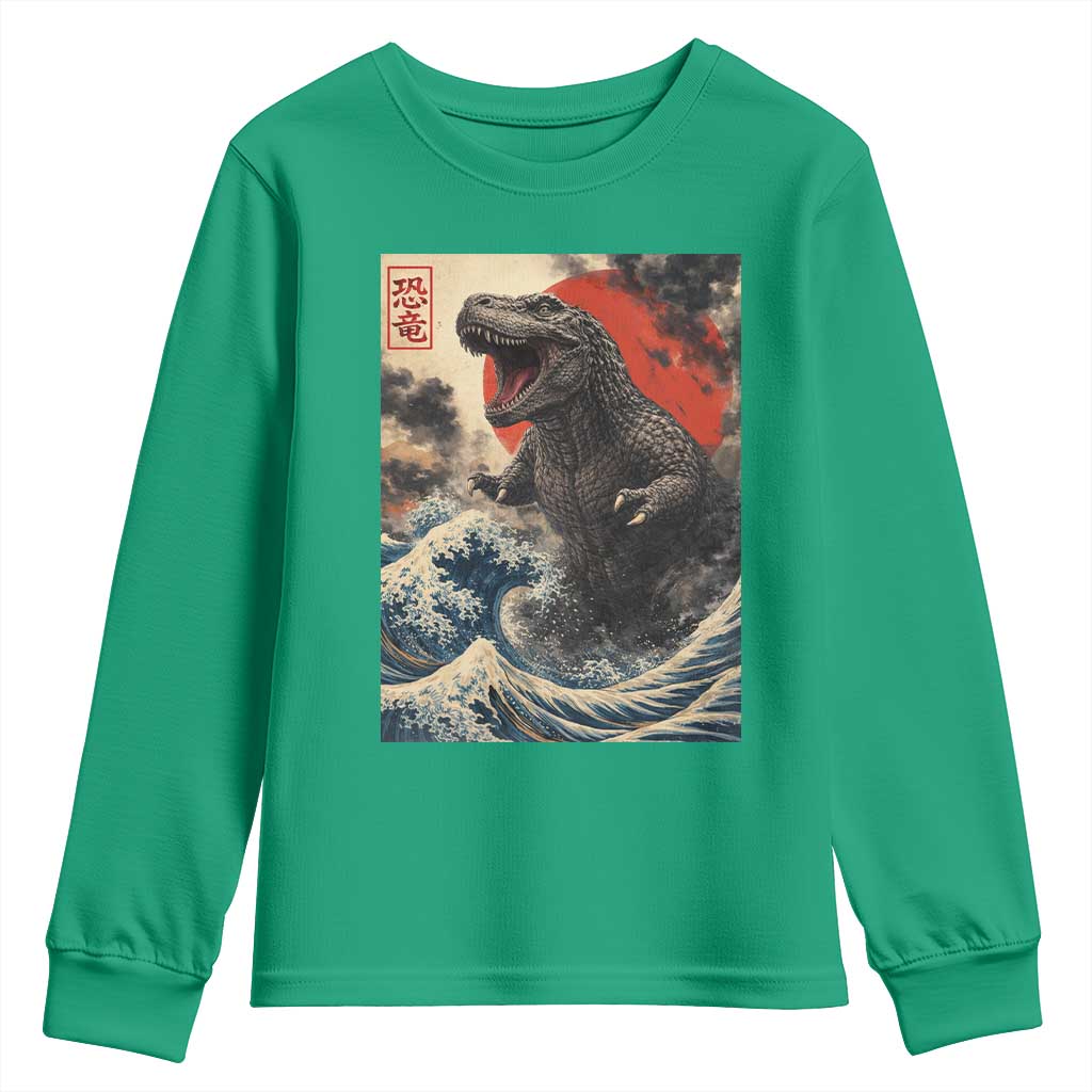 Japanese Dinosaur Youth Sweatshirt Vintage Great Wave Monster Epic Giant Monster Ukiyo-e Style