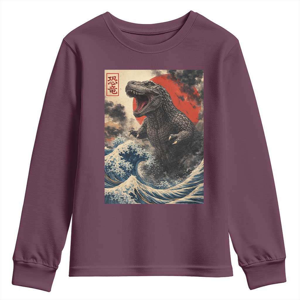 Japanese Dinosaur Youth Sweatshirt Vintage Great Wave Monster Epic Giant Monster Ukiyo-e Style