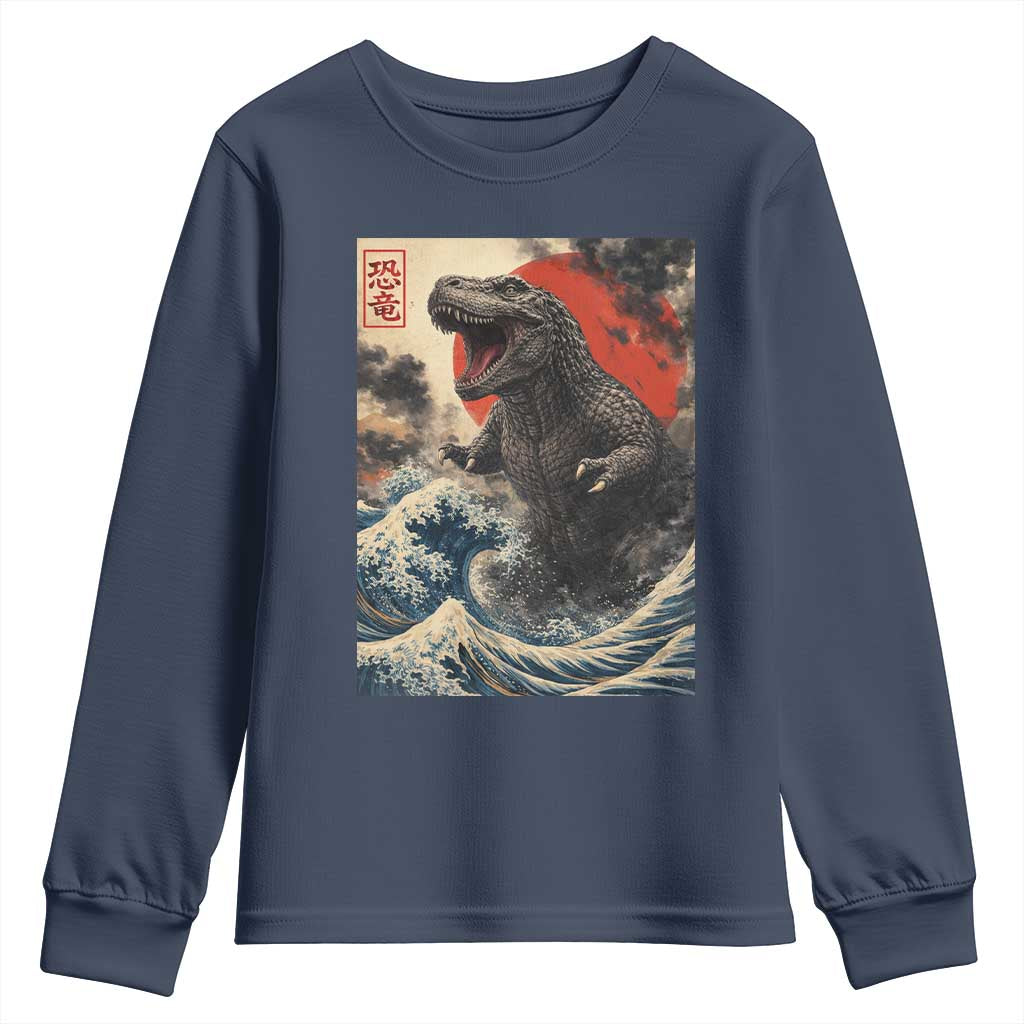 Japanese Dinosaur Youth Sweatshirt Vintage Great Wave Monster Epic Giant Monster Ukiyo-e Style