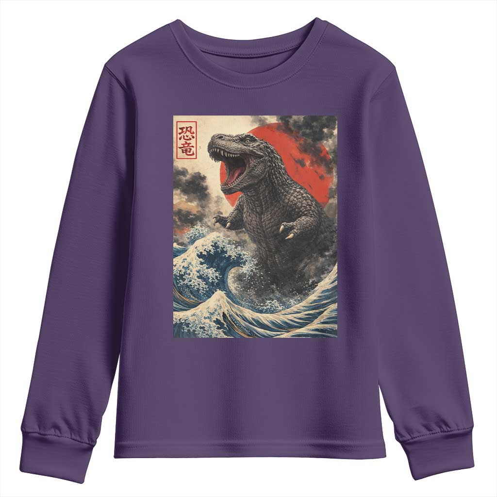 Japanese Dinosaur Youth Sweatshirt Vintage Great Wave Monster Epic Giant Monster Ukiyo-e Style